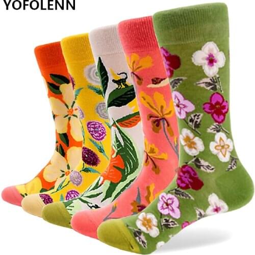 5 Pairs/lot 2021 New Combed Cotton Womens Socks with Cute Floral Pattern Colorful Long Happy Funny Comfortable Socks