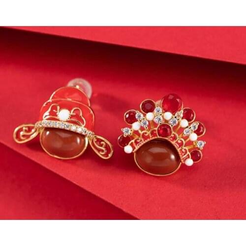 New Arrival S925 Silver Red Agate Earrings Chinese Ethnic Bridegroom Bride Stud Earrings