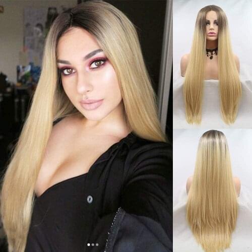 Ombre Blonde Lace Front Wig Natural Straight Soft Brown Roots Ash Blonde Ombre Wigs for Women Glueless Long Synthetic Wig 24 In