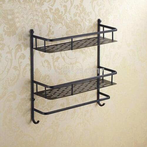 Wholesale and Retail Euro Black Basket Shelf Towel Rack Double Layer Bathroom Cosmetic Shower Shampoo Storage Rack ZR2528