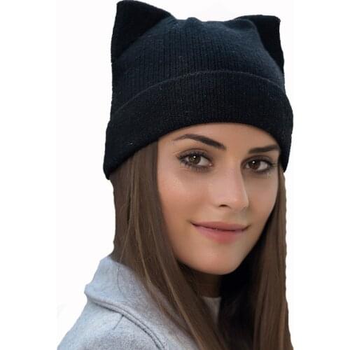 Womens Winter Hat Wool Beanie Skullies Lovely Cat Ear Hat Cap Female Knitted Wool Warm Hats For Women Pompon RC1244