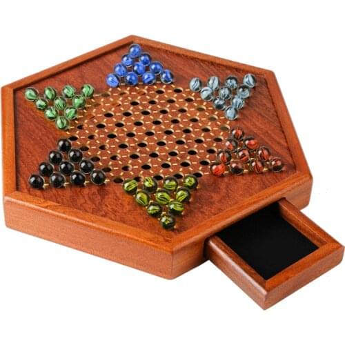 Checkers Glass Ball Children Adult Puzzle Pinball Checkers Adult High-End Large Hexagonal Wooden Checker Board