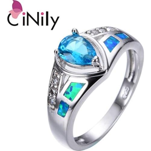 CiNily Ocean Blue Fire Opal Wide Rings With Stone Silver Plated Luxury Large Droplets Zirconite Vintage Jewelry Gifts Man Woman