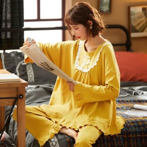 Girls' Spring And Autumn Pure Cotton Double-sided Strip Pullover With Lace Long Sleeved Trousers Comfortable Casual Pajamas CKE
