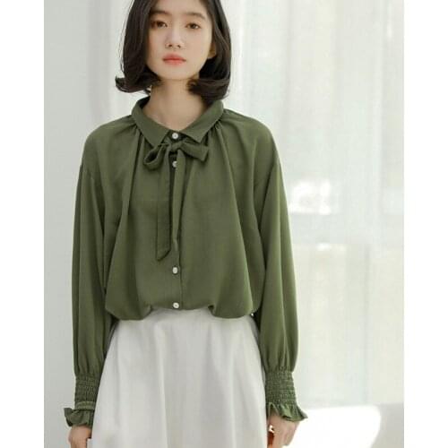 Spring Chiffon Shirt Women Green Lapel Long Sleeve Loose Blouse Girl Female Pure Color Bowknot Temperament Leisure Top H9167