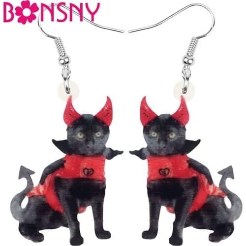 Bonsny Acrylic Halloween Black Cat Earrings Cute Kitten Animal Dangle Drop Jewelry For Women Kid Fashion Birthday Gift Accessory