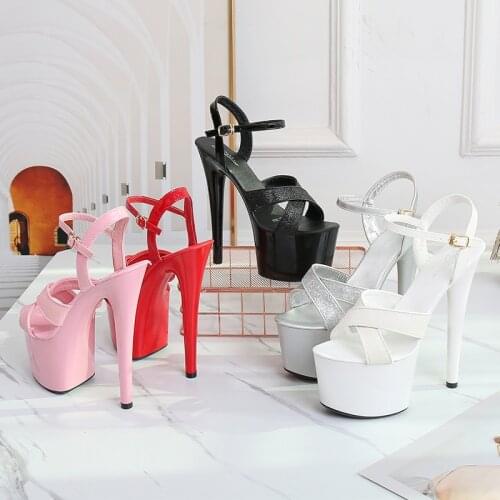 Women Wedding Shoes Platform Sandals 2020 Sexy Super High Heel 17cm Sequins Overlapping Off White Nightclub Party Shoes Female