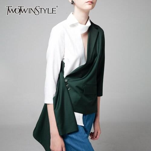 TWOTWINSTYLE Patchwork Hit Color Coat For Female Lapel Collar Long Sleeve High Waist Slimming Irregular Hem Womens Coat 2021