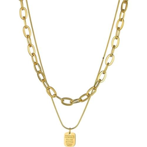 316L Stainless Steel Titanium Steel Simple Golden Necklace Square Brand Letter Necklace Double Chain Couple Jewelry No Fade