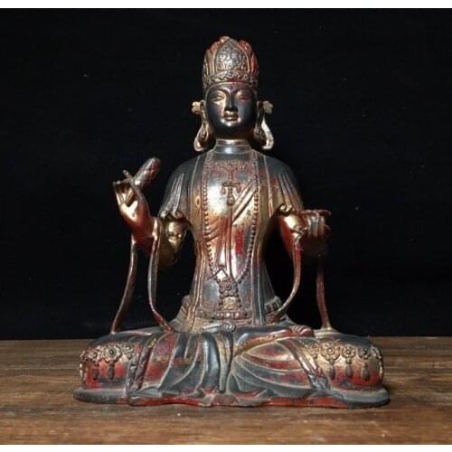 9"Tibet Buddhism Temple Old Bronze Cinnabars Guanyin ying incarnate Buddha statue Guanyin Bodhisattva statue Enshrine the Buddha