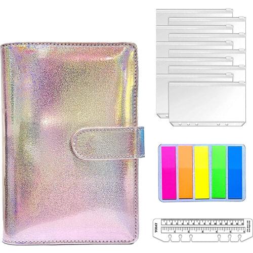 A6 PU Leather Binder Budget Notebook Envelopes Planner Organizer System with 10pcs Binder Zipper Pockets,100 Labels, 1Ruler