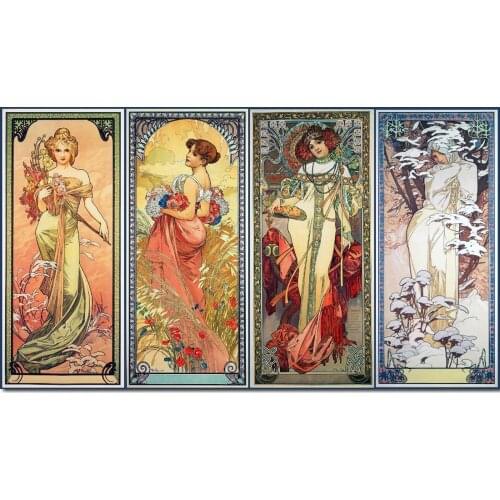 Decorative Art Modern Oil Painting Alphonse Mucha The Four Seasons Hand Painted Figure Artwork Canvas Reproduction Wall Decor