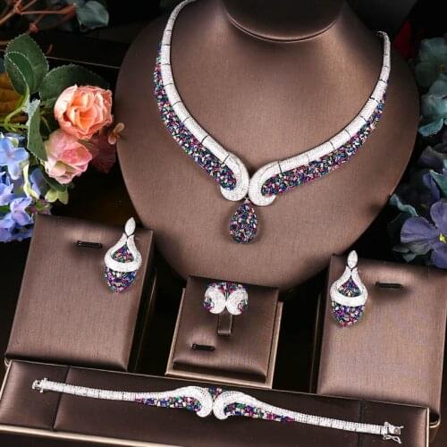 Janekelly 4pcs Bridal Zirconia Full Jewelry Sets For Women Party, Luxury Dubai Nigeria CZ Crystal Wedding Jewelry Sets