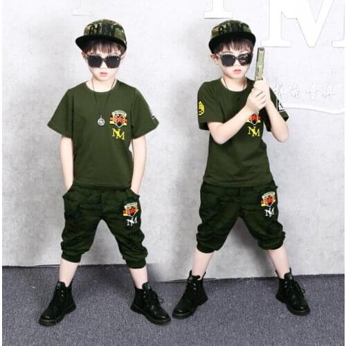 2019 Summer Boys Camouflage Clothes 2 3 4 6 7 8 9 10 12 14 Years Short Sleeve Cotton Army Green Children Clothing Sets For Boy