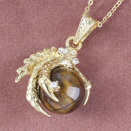 Kraft-beads Light Yellow Gold Color Dragon Claw Natural Tiger Eye Stone Pendant Link Chain Necklace
