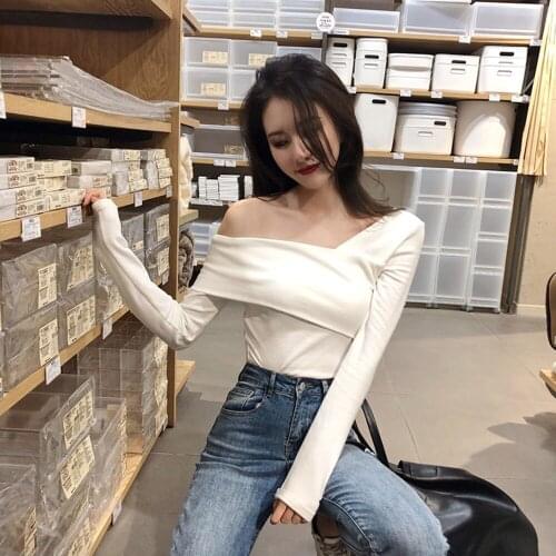 Korean Casual Womens Fashion Solid Color Strapless Slim Long-sleeve Asymmetric Bottoming Shirt Simple Temperament Short T-shirt