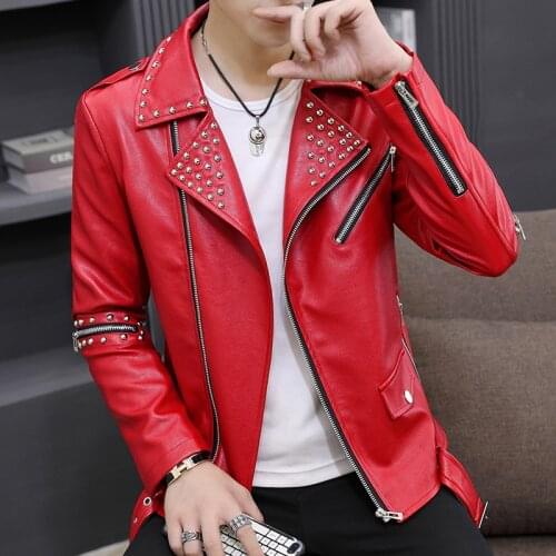 Fashion New Personality Rivet Zipper Men Leather Jacket Streetwear Motorcycle Coats Nightclub Casual PU Leather Slim Men Jacket