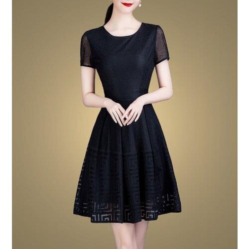 Fashionable Black Square Lace Dress Women New Summer Slim Waist Short Sleeves Elegant Temperament Party Cocktail Dresses 9750