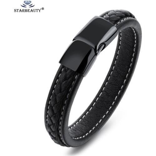 Starbeauty Cool Black Cowhide Leather Bracelet Men Hand Woven Bracelets Bangles Magnetic Buckle Men Bracelet Student Jewelry