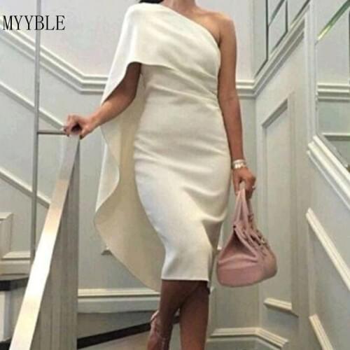 MYYBLE 2020 Elegant Beige/White One Shoulder Satin Cocktail Dresses Tea Length Party Dresses Prom Gowns robe de soriee Customed