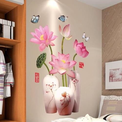 New Ancient Chinese Antique Vase Lotus Flower Wall Stickers Home Decor Self Adhesive Decals Kitchen Poster