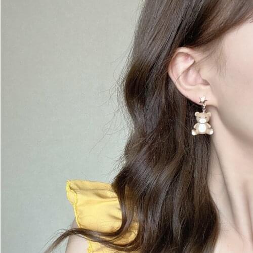 2021 New Korean Cute Bear Earrings Female Bow Earrings Beautiful Star And Moon Asymmetric Earrings For Women Girls Party Gifts