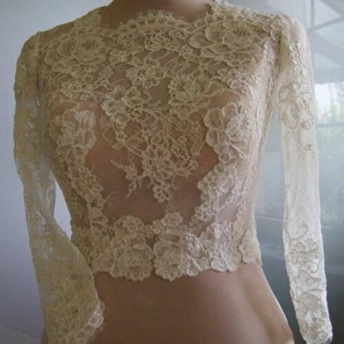 New Long Sleeve Lace Appliques Wedding Bolero Cap Jackets Sheer Custom Size Bridal Ivory White Accessories Jacket