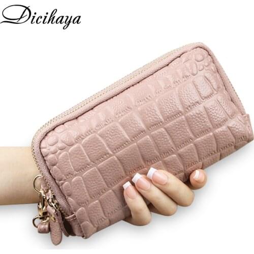 DICIHAYA New Genuine Leather Women Wallet Fashion Mobile Phone Bag Stone Pattern Double Zipper Lady Clutch Bag Purse For Coin