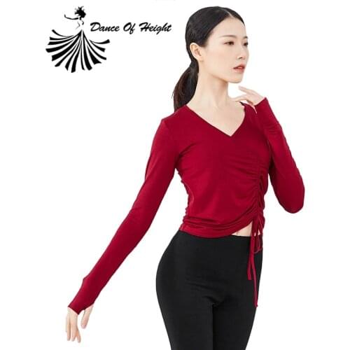 New Modal Modern Dance Top Blouse Sexy V Neck With Drawstring Front Side Dance Practice Shirt Long Sleeve Yoga Clothes Plus Size