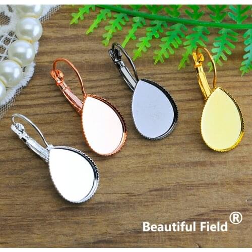 12pcs Fit13x18mm Drop Cabochon Earring Hooks Ear Setting Antique Bronze Silver Rose Gold Black Plated Cameo Base Blank Tray