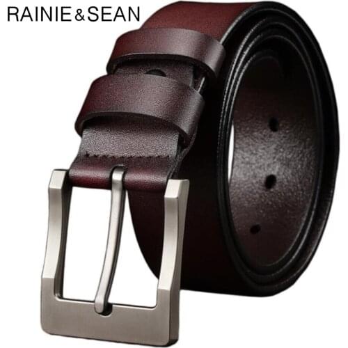 RAINIE SEAN Pin Buckle Belt For Trousers Man Waist Belt Leather Brown Black Casual Genuine Leather Jeans Belts For Men 125cm