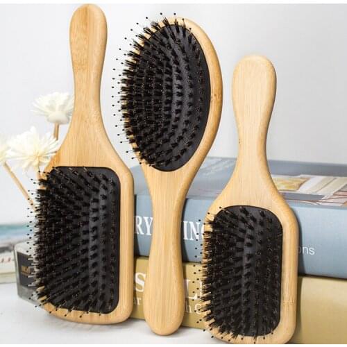 Hair Brush Natural Bamboo Handle Boar Bristles Anti-static Hair Scalp Paddle Hairbrush Gasbag Massage Comb Hair Care