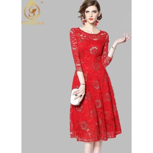 SMTHMA HIGH QUALITY New Fashion Red and Black Dress 2020 Designer Runway Dress Womens Half Sleeve Lace Dress