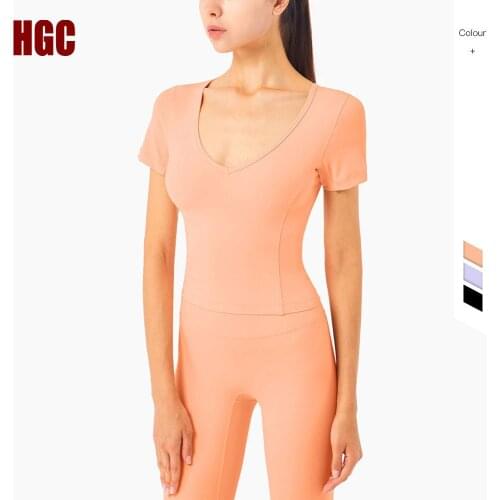HGC Sports Top Women Short Sleeve Yoga T-shirt Girl Sexy V-neck Slim Naked-feel Buttery-Soft High Elastic Fitness GYM Blouse