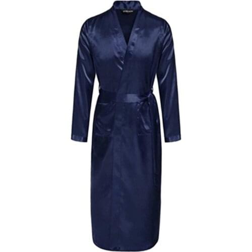 Navy Blue Chinese Men Silk Rayon Robe Summer Casual Sleepwear V-Neck Kimono Yukata Bath Gown With Belt Size S M L XL XXL