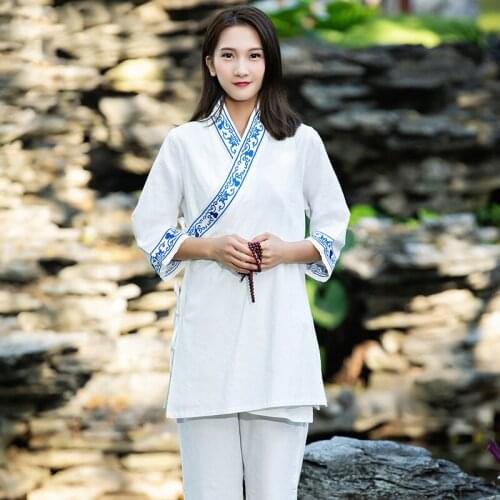 Embroidery Traditional Chinese Women Kung Fu Uniform Linen Tea Set Yoga Tang Suit Tai Chi Set Female Oriental Meditation Clothes