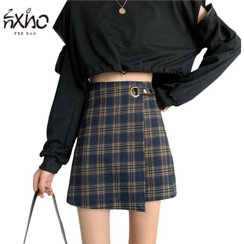Women Vintage Grid-Pattern Skirt Hasp Splicing A-Line High-waisted Skirts Lady Fashion Pretty Casual Mini Skirts