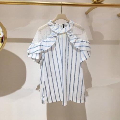Summer New Round Neck Ruffled Off-Shoulder Striped White Short-Sleeved Lace Shirt Stitching Women Office Ladies Blouses Clothing