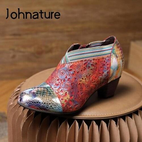 Johnature Pumps Women Shoes Mixed Colors Genuine Leather Retro Zip 2021 New High Heels Round Toe Handmade Concise Ladies Shoes