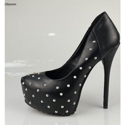 Olomm 2020 Women Platform Pumps Super Sexy Studded Stiletto High Heel Pointed Toe Black Night Club Shoes Women Plus US Size 5-20