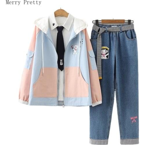 2021 Three Piece Set Womens Clothing Casual Sets Pants Set Zipper Hooded Jackets with Denim Pants White Tie Blouse Tracksuit