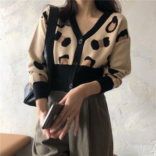 JMPRS Sexy Leopard Women Cardigans Sweater Autumn Long Sleeve Knit Cropped Cute Tops Causal Korean Single Breasted Jumper