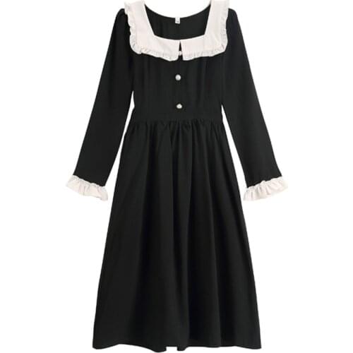 PERHAPS U Woman Elegant Black Velvet Slash Neck Long Sleeve Knee Length Dress Spring D1646