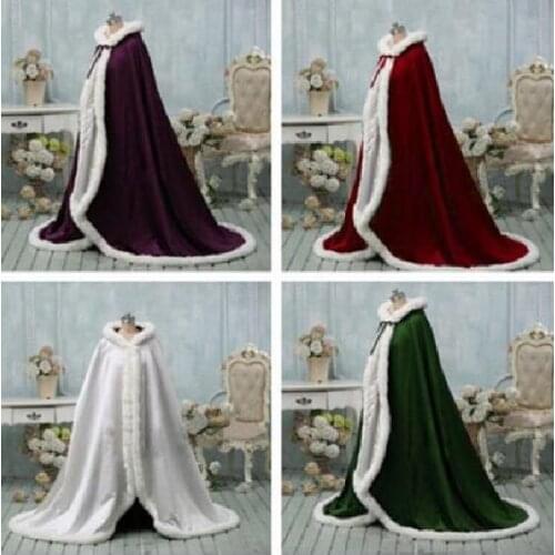 Winter Warm Faux Fur Womens Wedding Hooded Cape Renaissance Bridal Satin Cloak Cathedral Capes