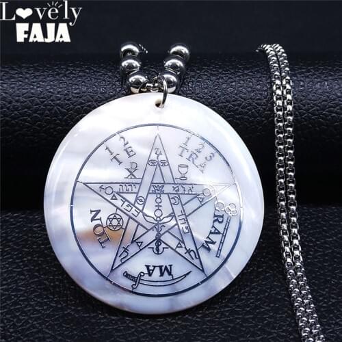 2021 Fashion Long Beads Divination Witchcraft Pentagram Stainless Steel Shell Pendant Necklace Jewelry colier femme N6501S03