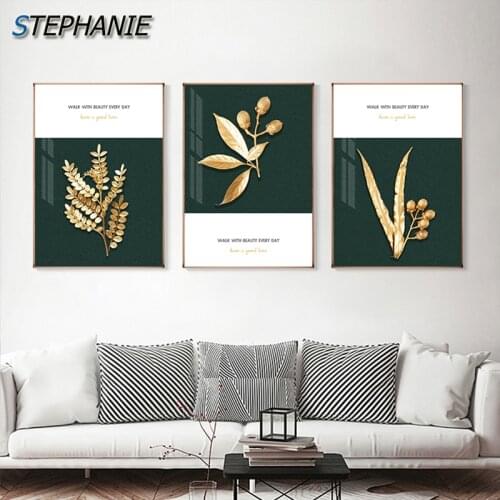 Abstract Golden Leaf Canvas Painting Deep Green Brown Wall Picture for Living Room Bedroom Luxury Combination Posters and Prints