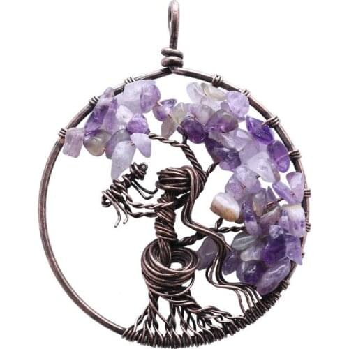 Amethys Handmade Mother Child Pattern Tree of Life Pendant Necklaces for Women 7 Chakra Natural Stone Jewelry Gifts Wedding