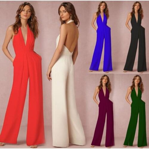 White Elegant Simple Dress Sexy Deep V Halter Jumpsuit Hanging Neck Casual Fashion Temperament Party Wedding Sleeveless Dress
