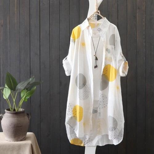 Long Printed Women Shirts Summer New 2021 Turn-Down Collar Straight Loose Half Sleeved Casual All Match Female Outwear Tops