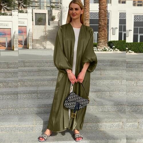 2021 Summer Arab Dubai Waist Puff Sleeve Cardigan Robe Elegant Muslim Long Skirt Arab Women Dresses Abaya Jilbab Kaftan
